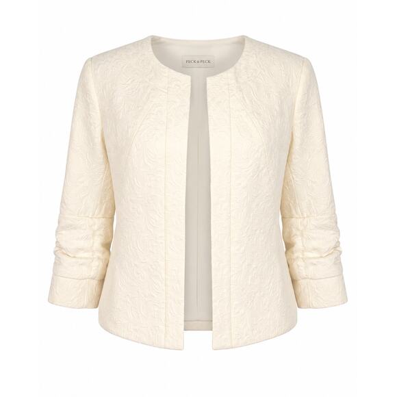 Peck and Peck Jackets & Blazers - Peck & Peck Ivory Textured Jacket Open Front Cropped Blazer 3/4 Sleeve Classic